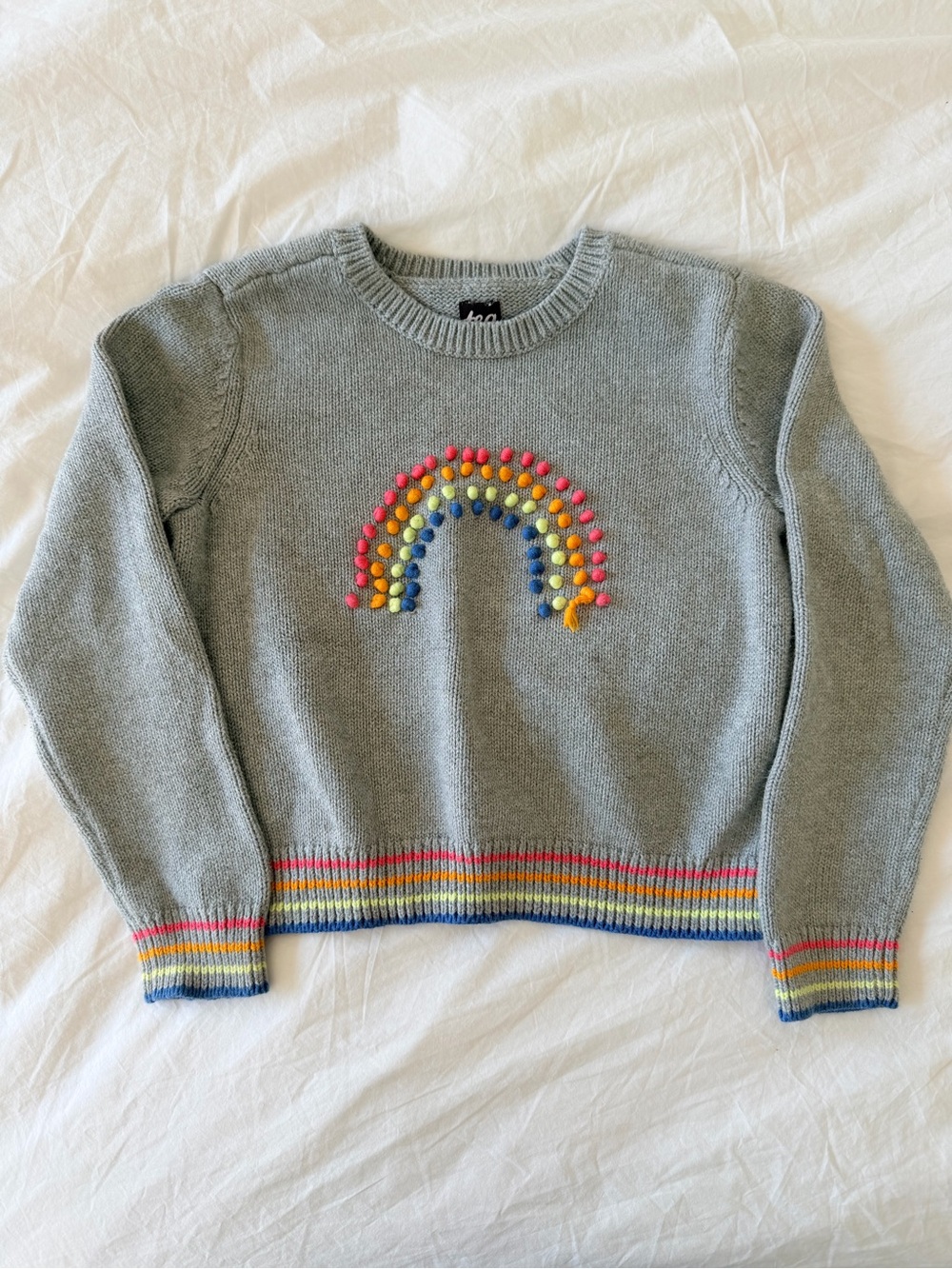 Tea Collection Gray Sweater with Rainbow Pom-Poms